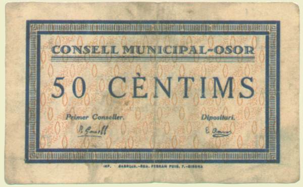 Reproducció d'un bitllet emès pel municipi d'Osor durant la guerra civil Font: Cedida per Albert Climent a l'arxiu municipal